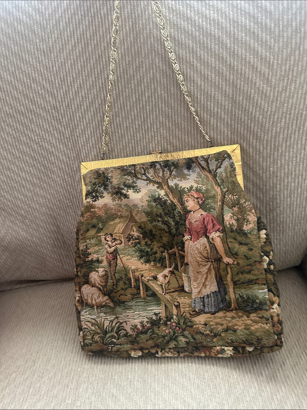 Vintage Tapestry Evening Bag in Brown and Gold with Jeweled Clasp - Picture 6 of 6